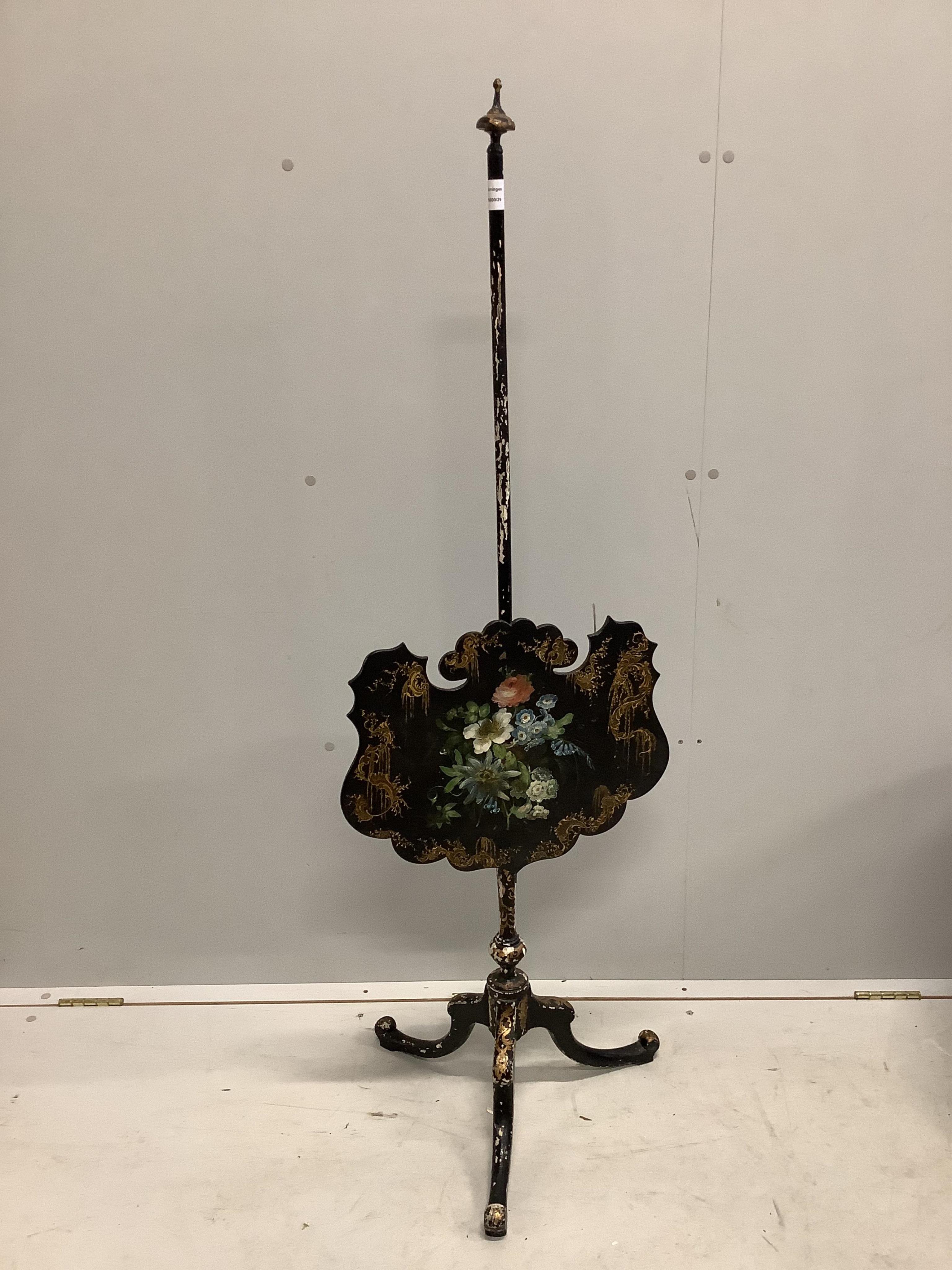 A Victorian painted papier maché polescreen, height 138cm. Condition - fair